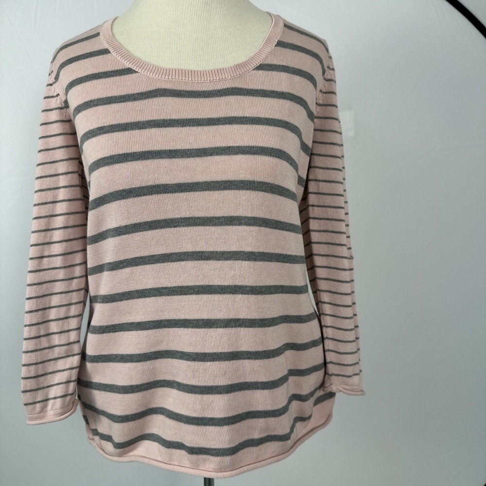 Talbots Women's Sz S Petite Pink Grey Striped Sweater Silk Cotton 3/4 Sleeve